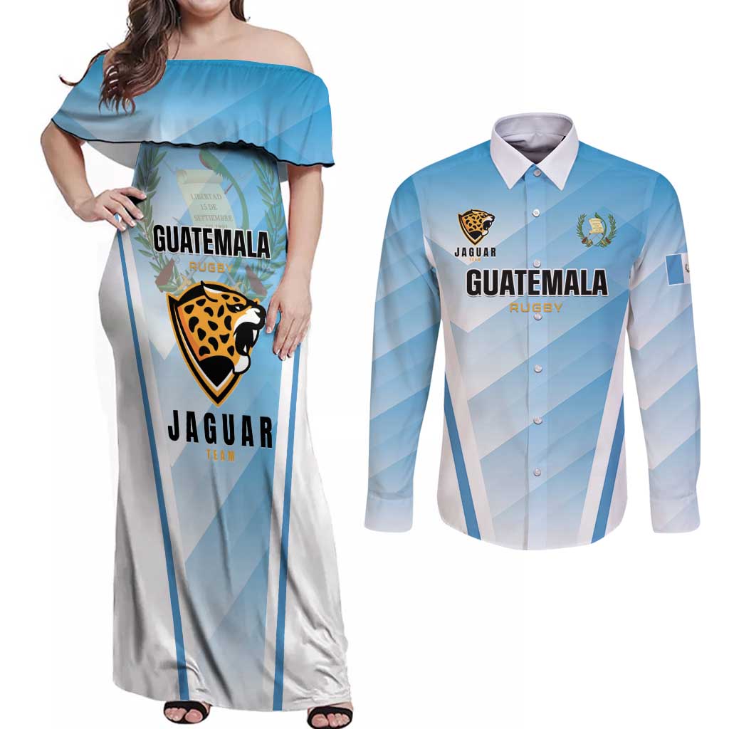 Custom Rugby Guatemala Couples Matching Off Shoulder Maxi Dress and Long Sleeve Button Shirt Jaguares Go Champions
