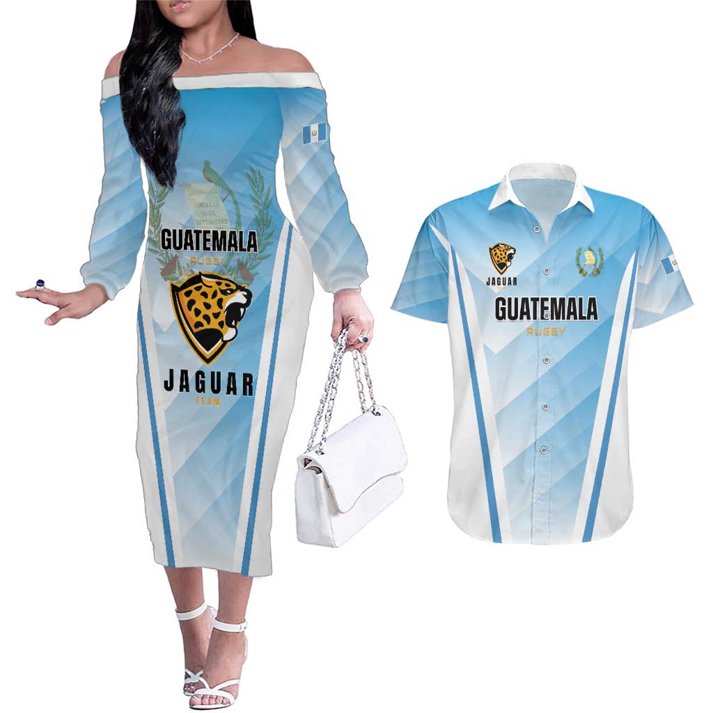 Custom Rugby Guatemala Couples Matching Off The Shoulder Long Sleeve Dress and Hawaiian Shirt Jaguares Go Champions