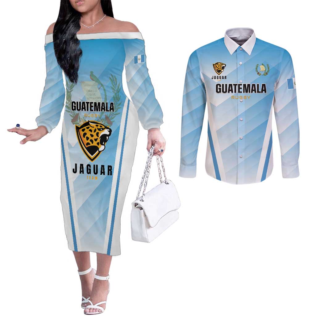 Custom Rugby Guatemala Couples Matching Off The Shoulder Long Sleeve Dress and Long Sleeve Button Shirt Jaguares Go Champions