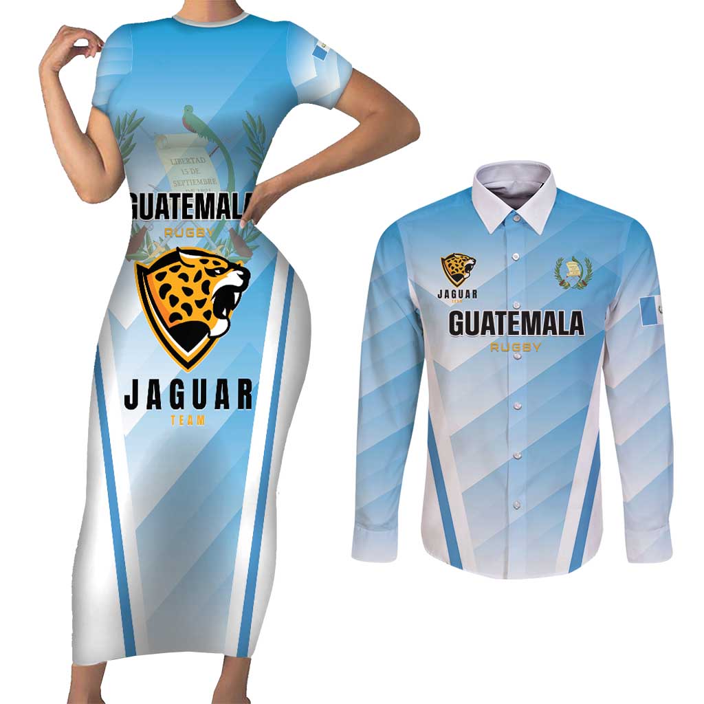 Custom Rugby Guatemala Couples Matching Short Sleeve Bodycon Dress and Long Sleeve Button Shirt Jaguares Go Champions
