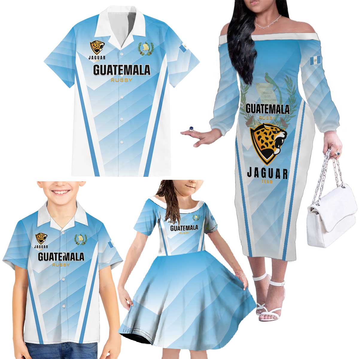Custom Rugby Guatemala Family Matching Off The Shoulder Long Sleeve Dress and Hawaiian Shirt Jaguares Go Champions