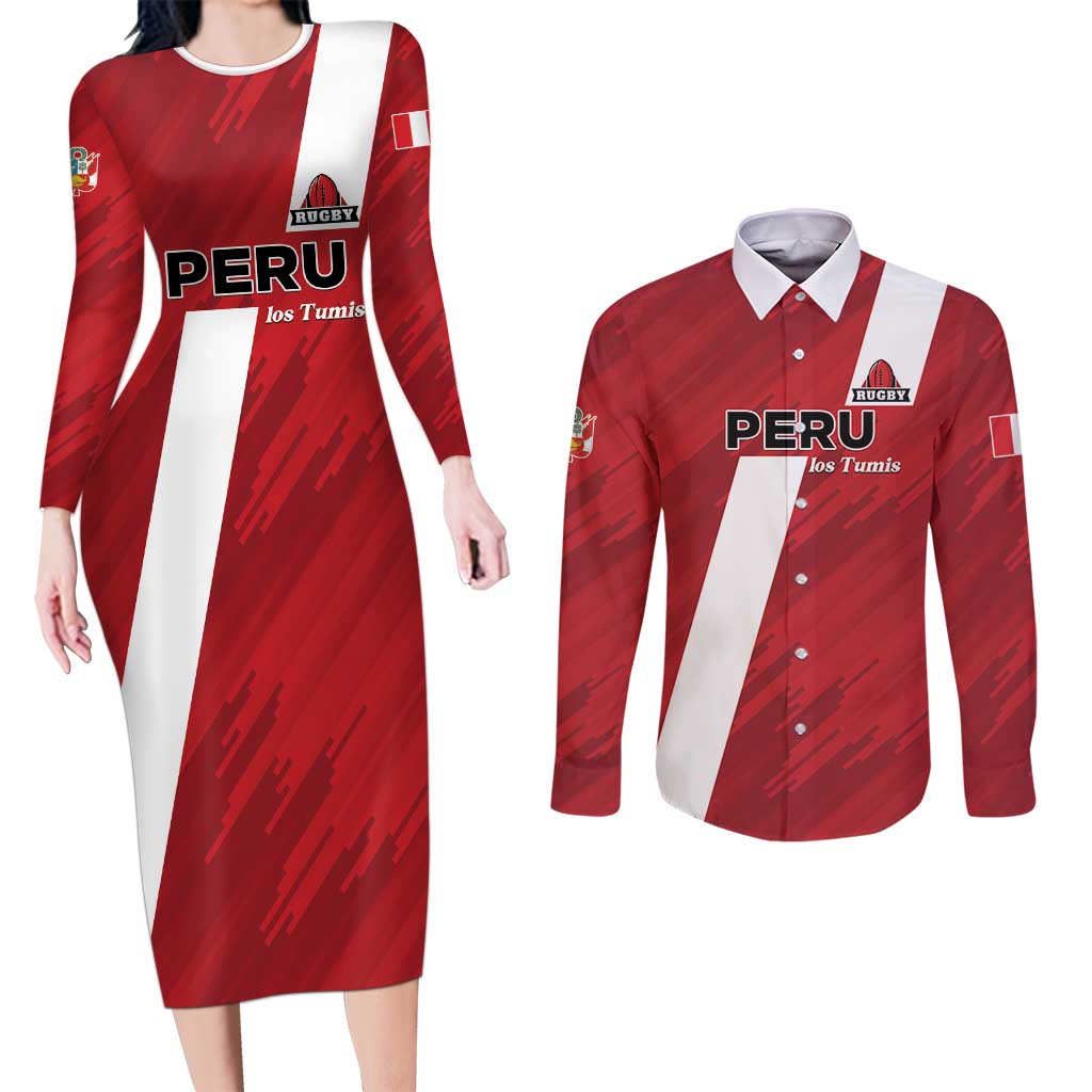 Custom Rugby Peru Couples Matching Long Sleeve Bodycon Dress and Long Sleeve Button Shirt Los Tumis Go Champions