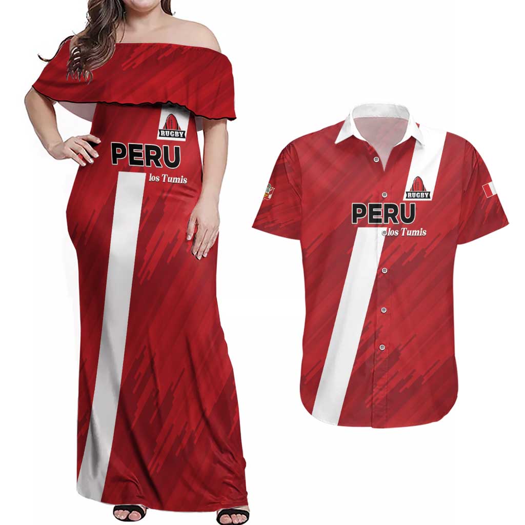 Custom Rugby Peru Couples Matching Off Shoulder Maxi Dress and Hawaiian Shirt Los Tumis Go Champions