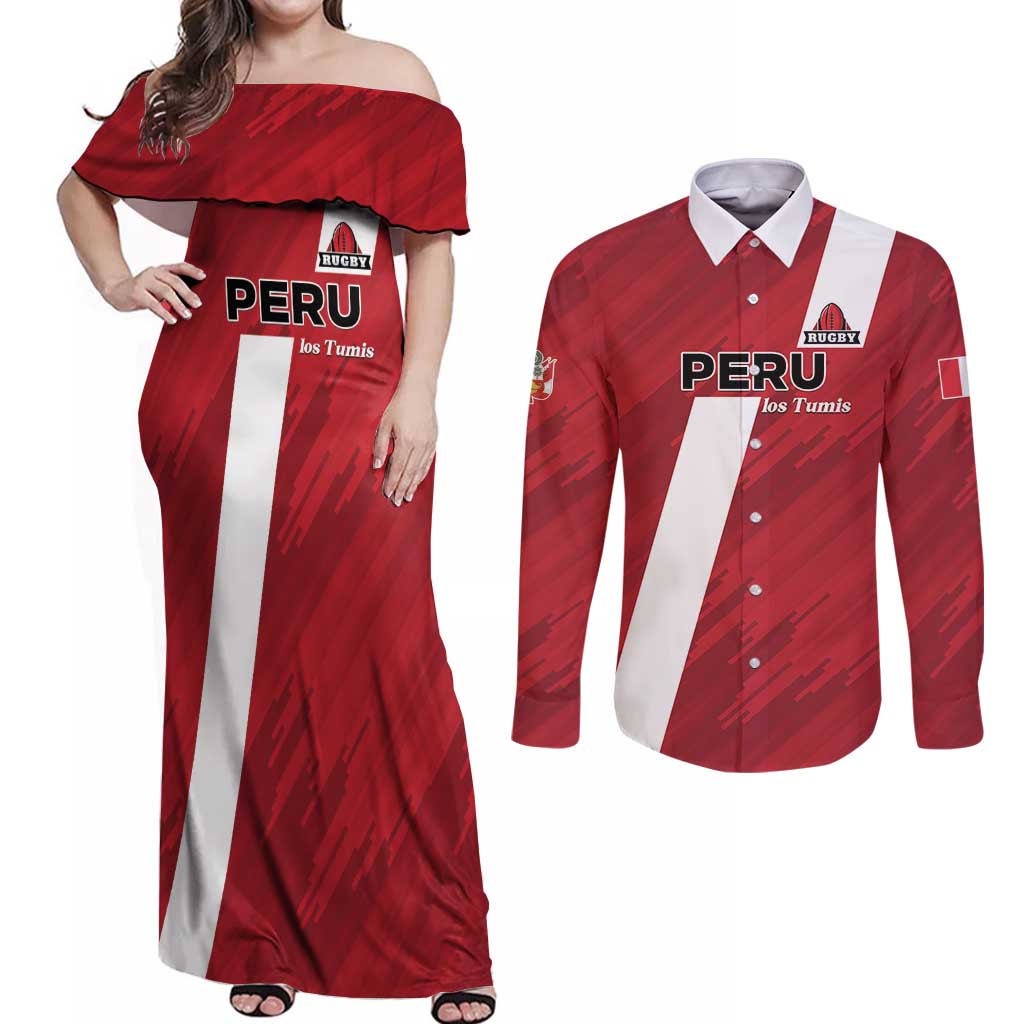 Custom Rugby Peru Couples Matching Off Shoulder Maxi Dress and Long Sleeve Button Shirt Los Tumis Go Champions