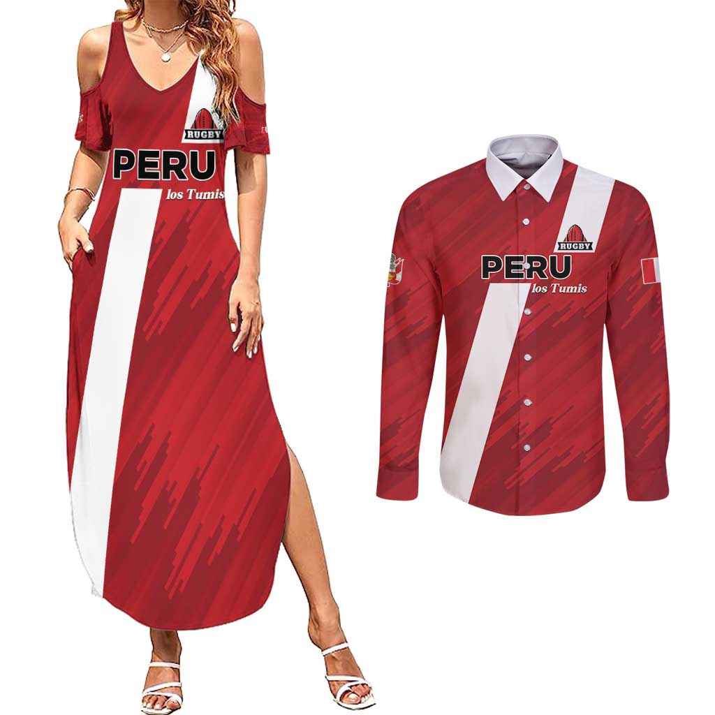 Custom Rugby Peru Couples Matching Summer Maxi Dress and Long Sleeve Button Shirt Los Tumis Go Champions