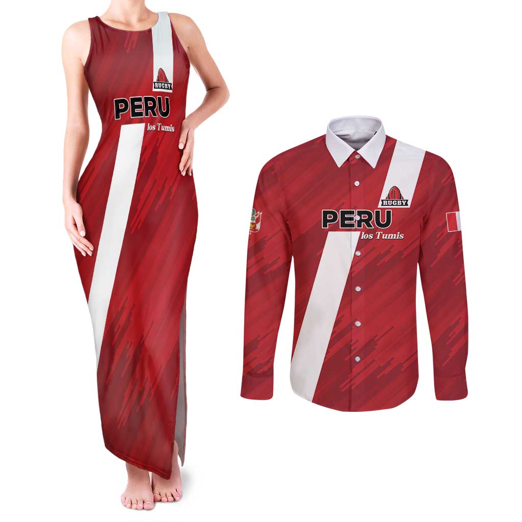 Custom Rugby Peru Couples Matching Tank Maxi Dress and Long Sleeve Button Shirt Los Tumis Go Champions