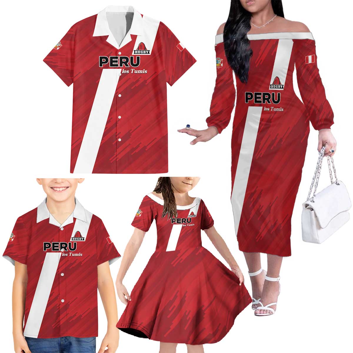 Custom Rugby Peru Family Matching Off The Shoulder Long Sleeve Dress and Hawaiian Shirt Los Tumis Go Champions