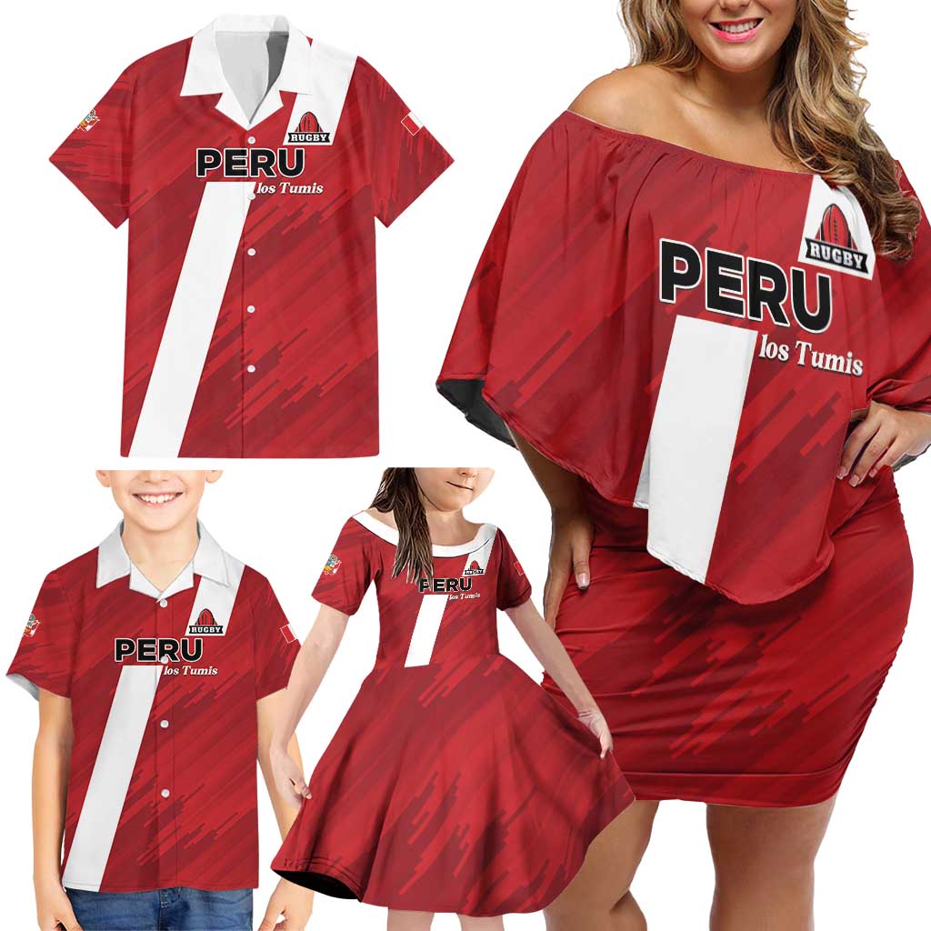 Custom Rugby Peru Family Matching Off Shoulder Short Dress and Hawaiian Shirt Los Tumis Go Champions