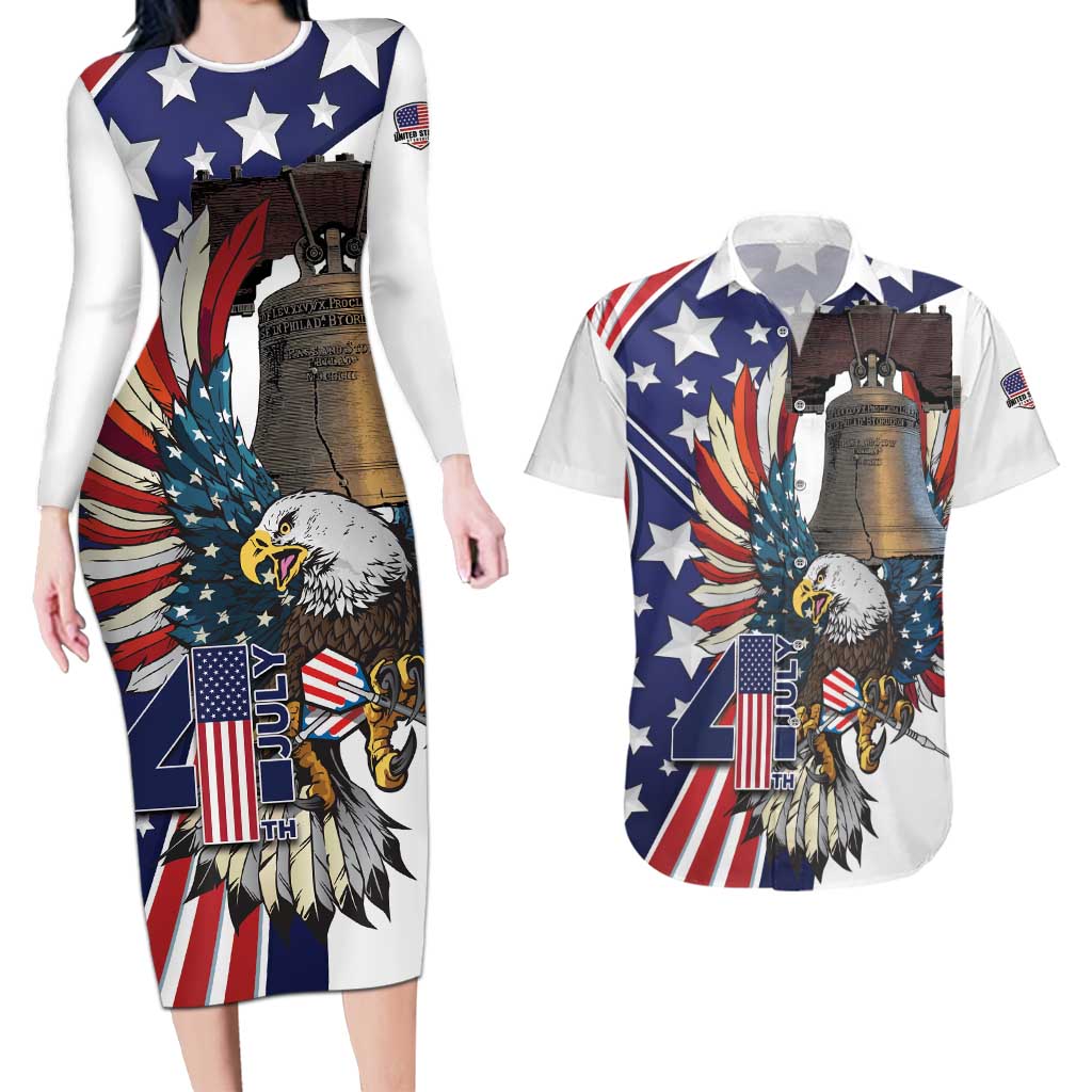Personalized USA 4th Of July Couples Matching Long Sleeve Bodycon Dress and Hawaiian Shirt United State Eagle Liberty Bell