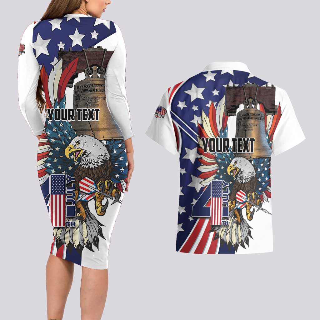 Personalized USA 4th Of July Couples Matching Long Sleeve Bodycon Dress and Hawaiian Shirt United State Eagle Liberty Bell