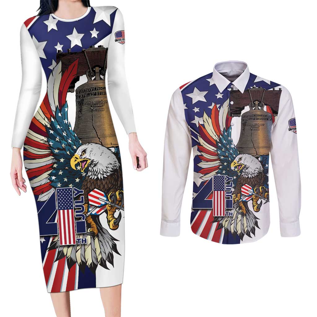 Personalized USA 4th Of July Couples Matching Long Sleeve Bodycon Dress and Long Sleeve Button Shirt United State Eagle Liberty Bell