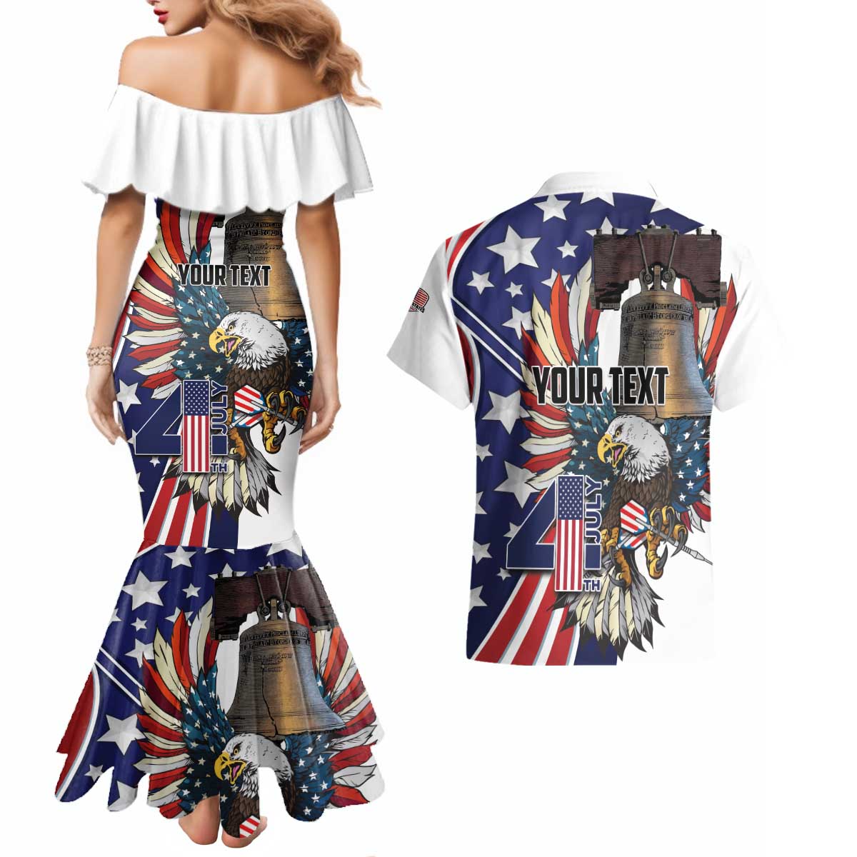 Personalized USA 4th Of July Couples Matching Mermaid Dress and Hawaiian Shirt United State Eagle Liberty Bell