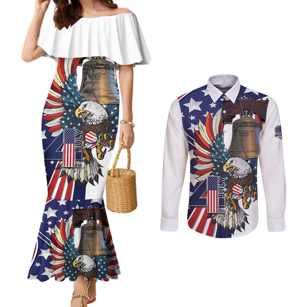 Personalized USA 4th Of July Couples Matching Mermaid Dress and Long Sleeve Button Shirt United State Eagle Liberty Bell