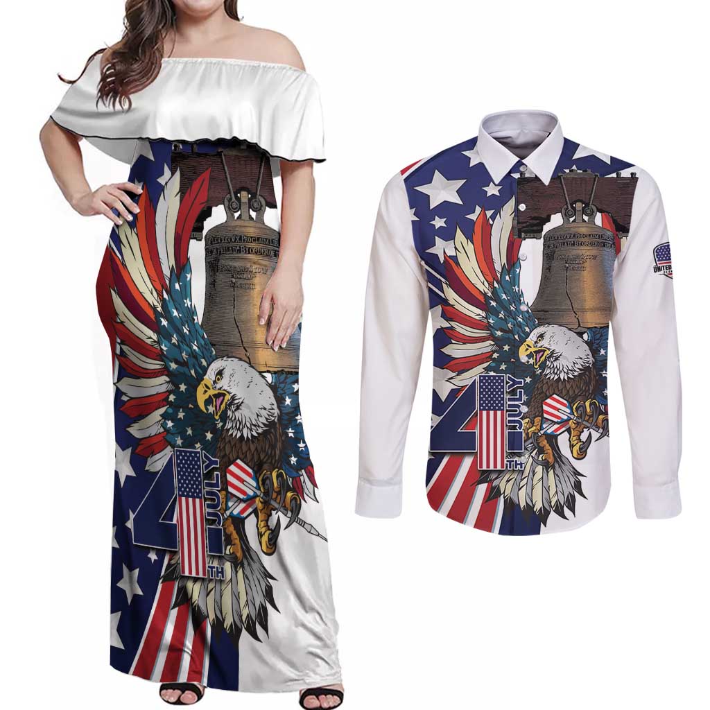 Personalized USA 4th Of July Couples Matching Off Shoulder Maxi Dress and Long Sleeve Button Shirt United State Eagle Liberty Bell