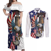 Personalized USA 4th Of July Couples Matching Off Shoulder Maxi Dress and Long Sleeve Button Shirt United State Eagle Liberty Bell