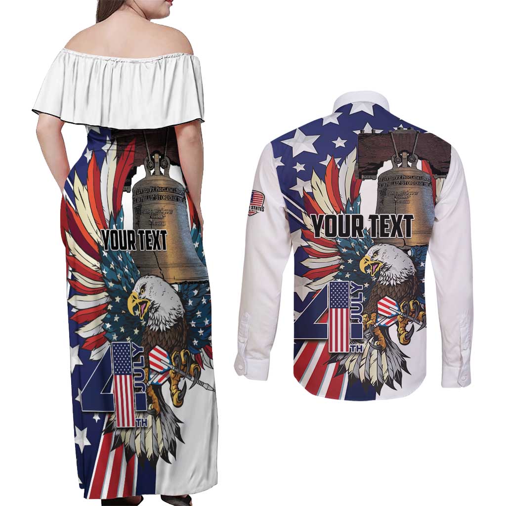 Personalized USA 4th Of July Couples Matching Off Shoulder Maxi Dress and Long Sleeve Button Shirt United State Eagle Liberty Bell