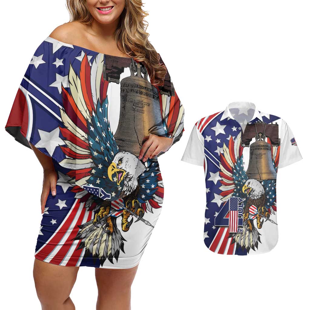 Personalized USA 4th Of July Couples Matching Off Shoulder Short Dress and Hawaiian Shirt United State Eagle Liberty Bell