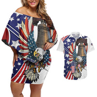 Personalized USA 4th Of July Couples Matching Off Shoulder Short Dress and Hawaiian Shirt United State Eagle Liberty Bell