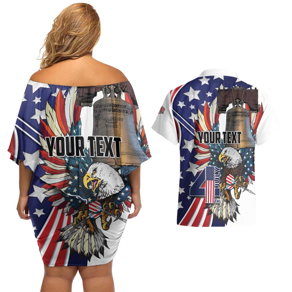 Personalized USA 4th Of July Couples Matching Off Shoulder Short Dress and Hawaiian Shirt United State Eagle Liberty Bell