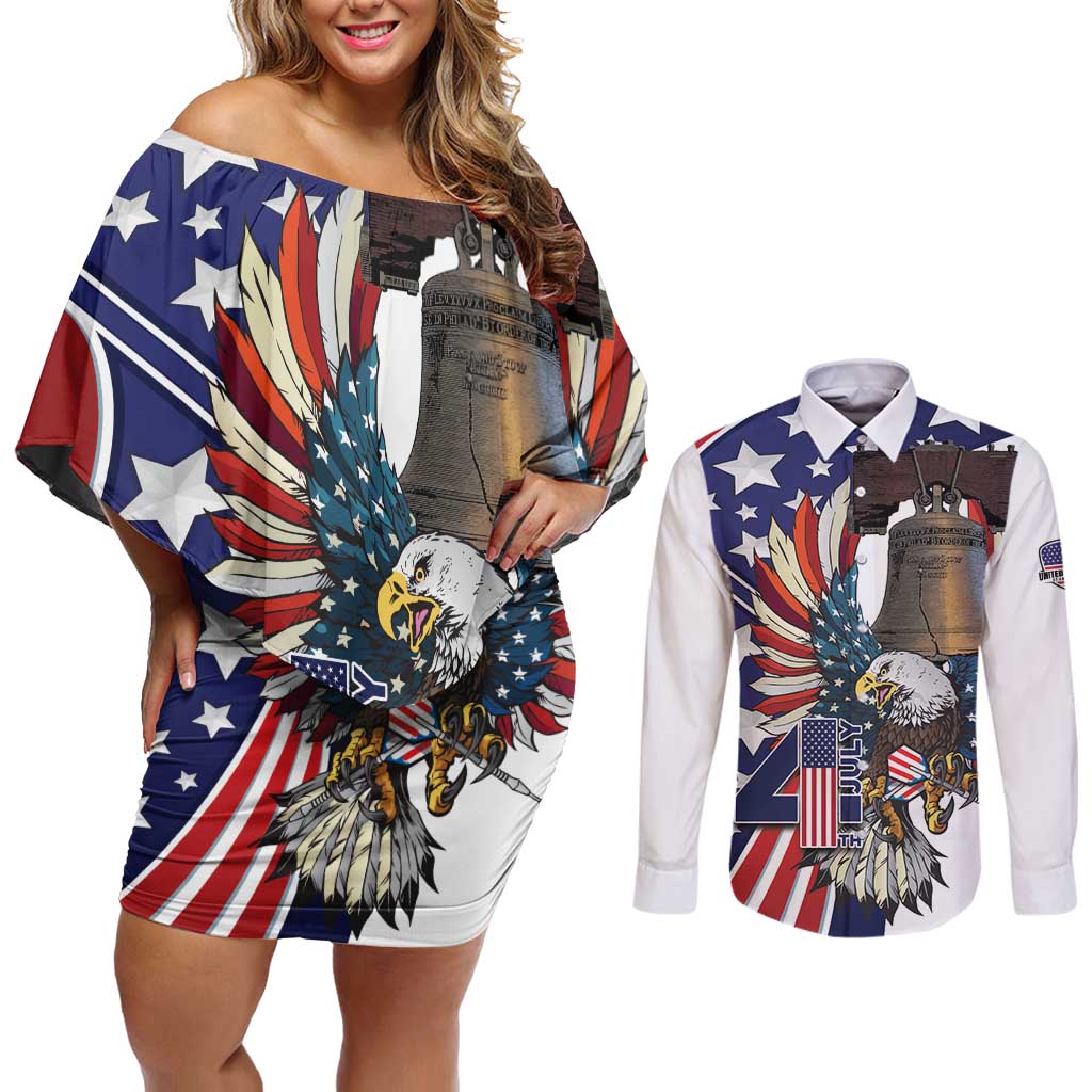 Personalized USA 4th Of July Couples Matching Off Shoulder Short Dress and Long Sleeve Button Shirt United State Eagle Liberty Bell
