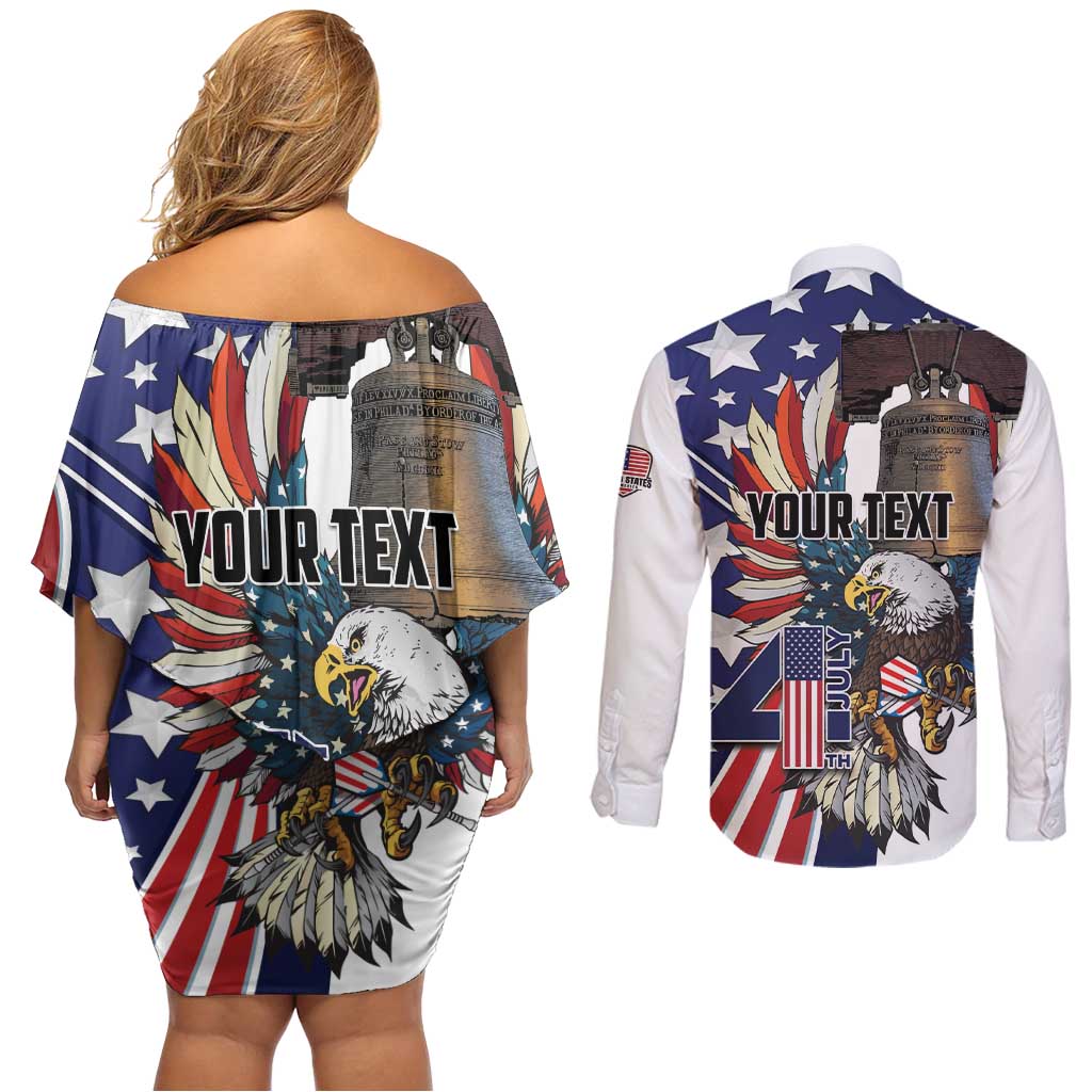 Personalized USA 4th Of July Couples Matching Off Shoulder Short Dress and Long Sleeve Button Shirt United State Eagle Liberty Bell
