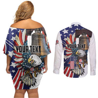 Personalized USA 4th Of July Couples Matching Off Shoulder Short Dress and Long Sleeve Button Shirt United State Eagle Liberty Bell