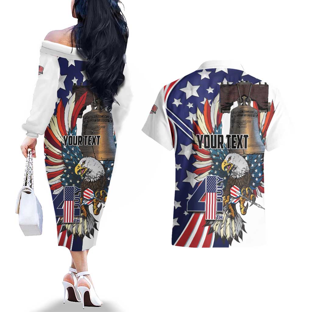 Personalized USA 4th Of July Couples Matching Off The Shoulder Long Sleeve Dress and Hawaiian Shirt United State Eagle Liberty Bell
