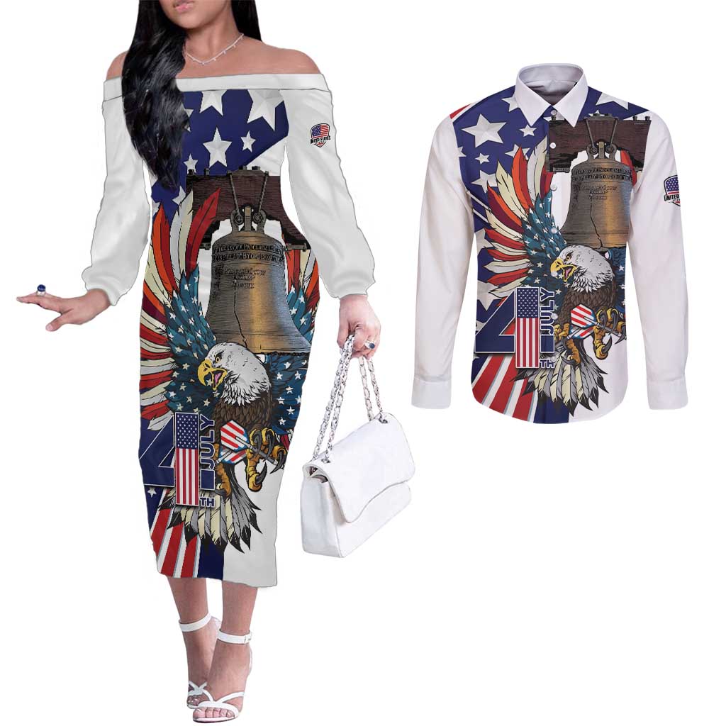 Personalized USA 4th Of July Couples Matching Off The Shoulder Long Sleeve Dress and Long Sleeve Button Shirt United State Eagle Liberty Bell
