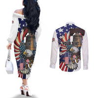 Personalized USA 4th Of July Couples Matching Off The Shoulder Long Sleeve Dress and Long Sleeve Button Shirt United State Eagle Liberty Bell