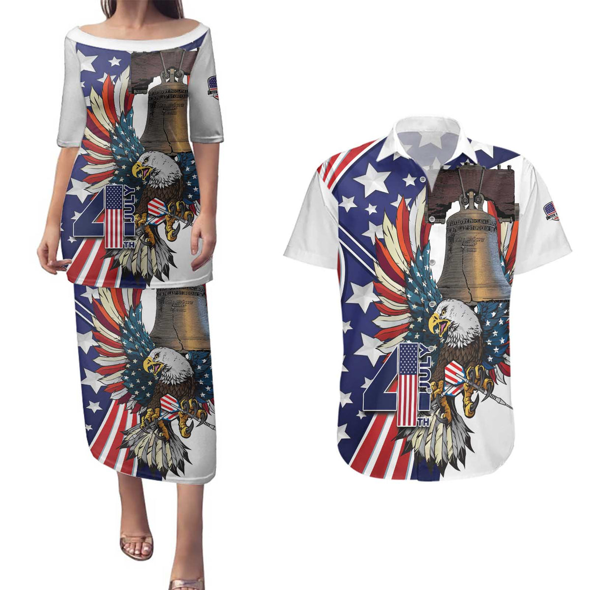 Personalized USA 4th Of July Couples Matching Puletasi and Hawaiian Shirt United State Eagle Liberty Bell