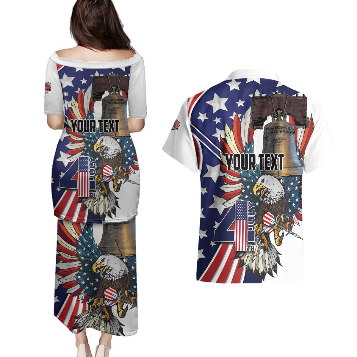 Personalized USA 4th Of July Couples Matching Puletasi and Hawaiian Shirt United State Eagle Liberty Bell