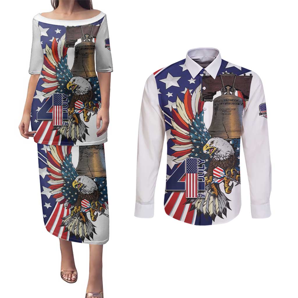 Personalized USA 4th Of July Couples Matching Puletasi and Long Sleeve Button Shirt United State Eagle Liberty Bell