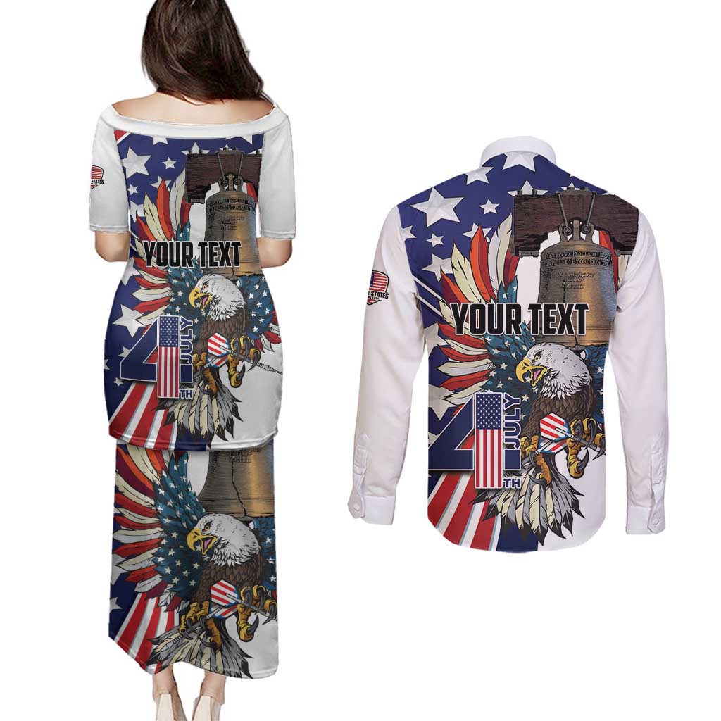 Personalized USA 4th Of July Couples Matching Puletasi and Long Sleeve Button Shirt United State Eagle Liberty Bell