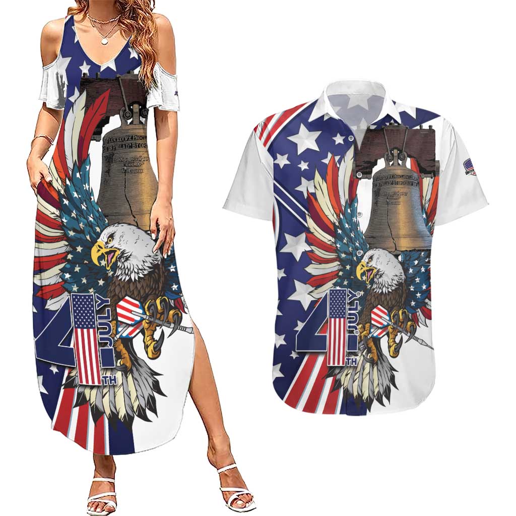 Personalized USA 4th Of July Couples Matching Summer Maxi Dress and Hawaiian Shirt United State Eagle Liberty Bell