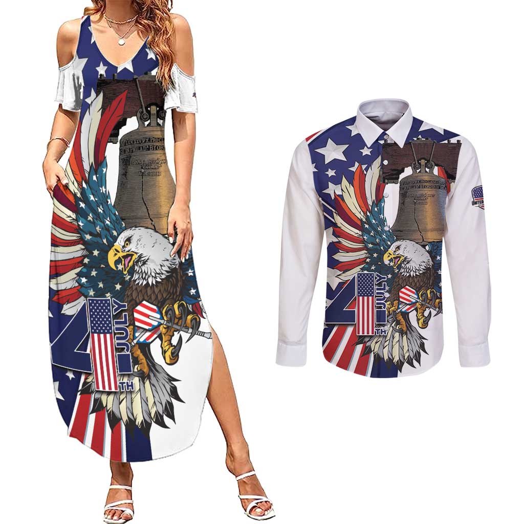 Personalized USA 4th Of July Couples Matching Summer Maxi Dress and Long Sleeve Button Shirt United State Eagle Liberty Bell