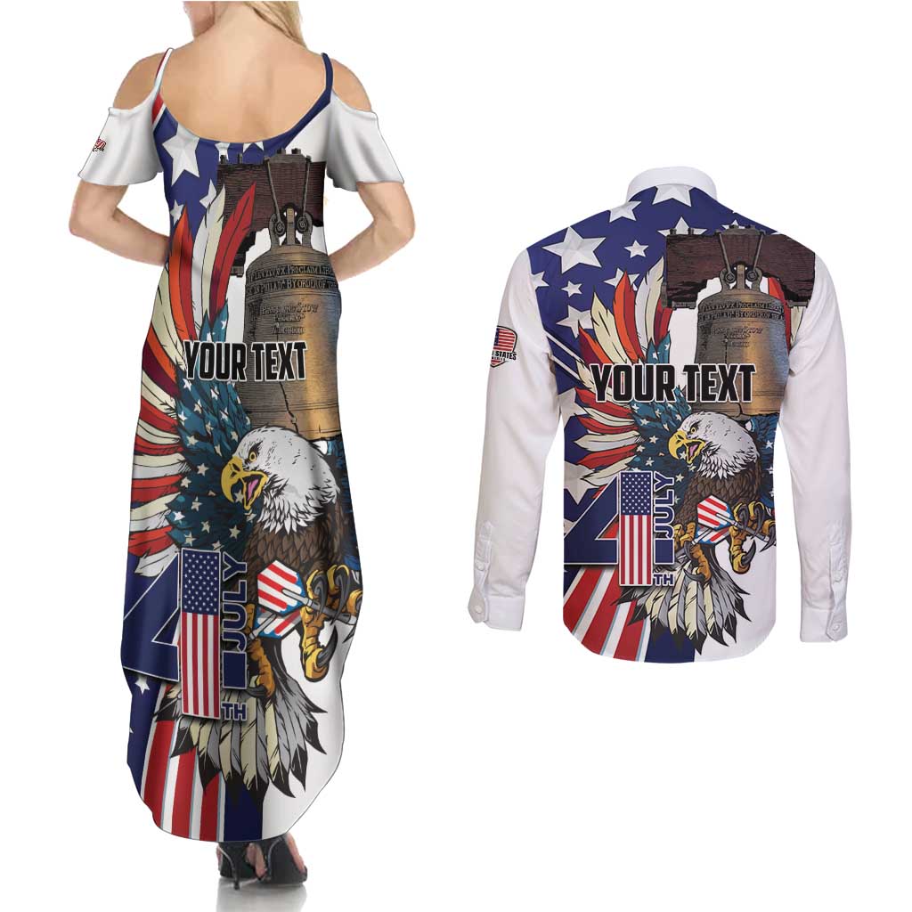 Personalized USA 4th Of July Couples Matching Summer Maxi Dress and Long Sleeve Button Shirt United State Eagle Liberty Bell