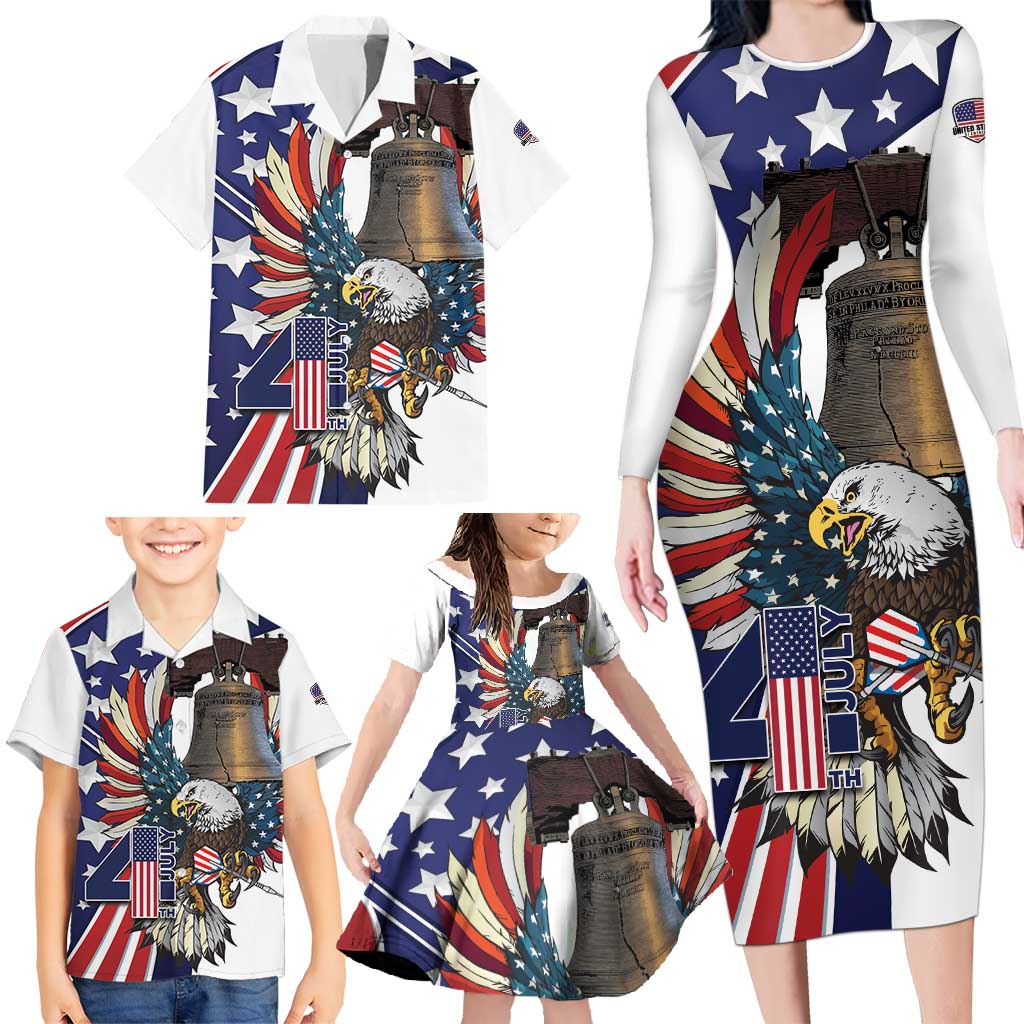 Personalized USA 4th Of July Family Matching Long Sleeve Bodycon Dress and Hawaiian Shirt United State Eagle Liberty Bell