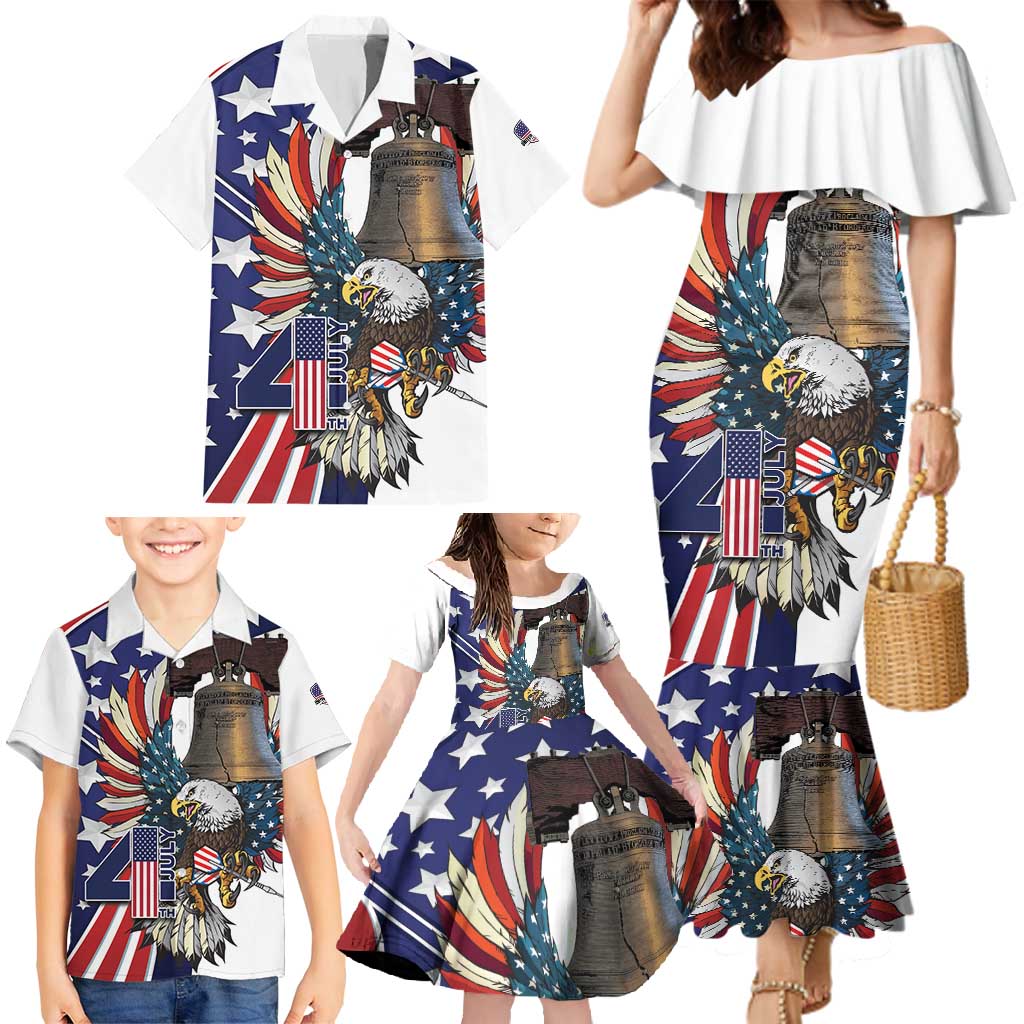 Personalized USA 4th Of July Family Matching Mermaid Dress and Hawaiian Shirt United State Eagle Liberty Bell