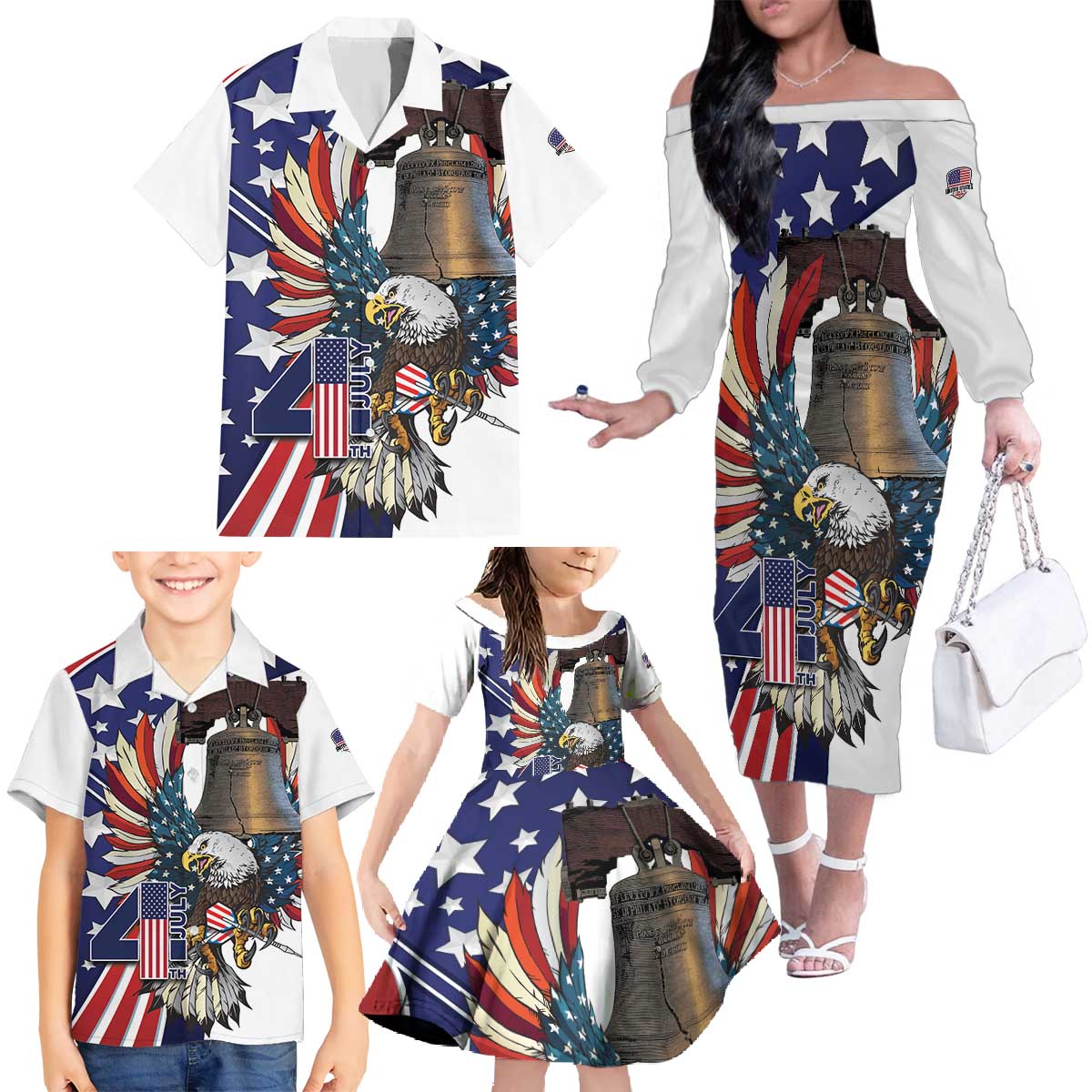 Personalized USA 4th Of July Family Matching Off The Shoulder Long Sleeve Dress and Hawaiian Shirt United State Eagle Liberty Bell