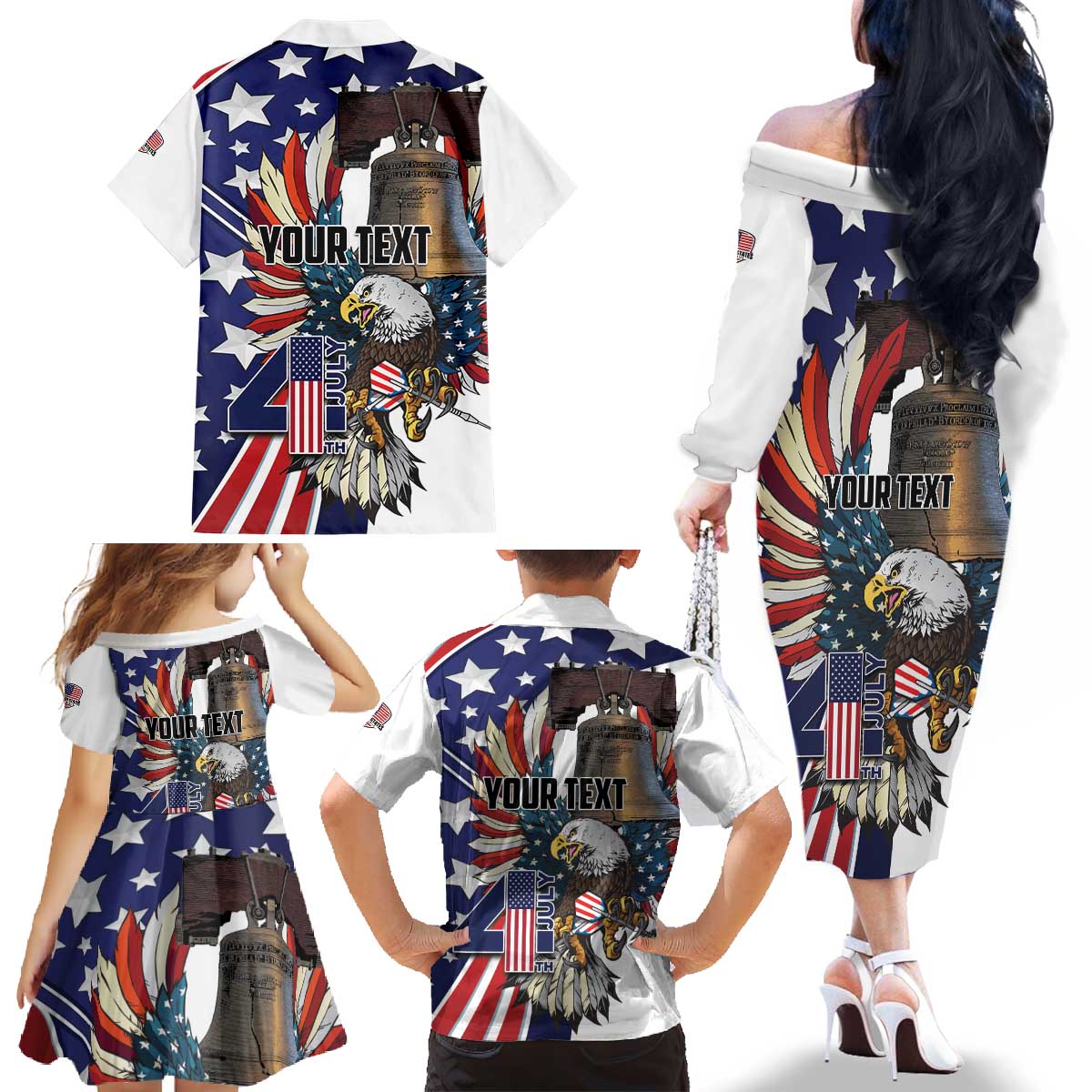 Personalized USA 4th Of July Family Matching Off The Shoulder Long Sleeve Dress and Hawaiian Shirt United State Eagle Liberty Bell