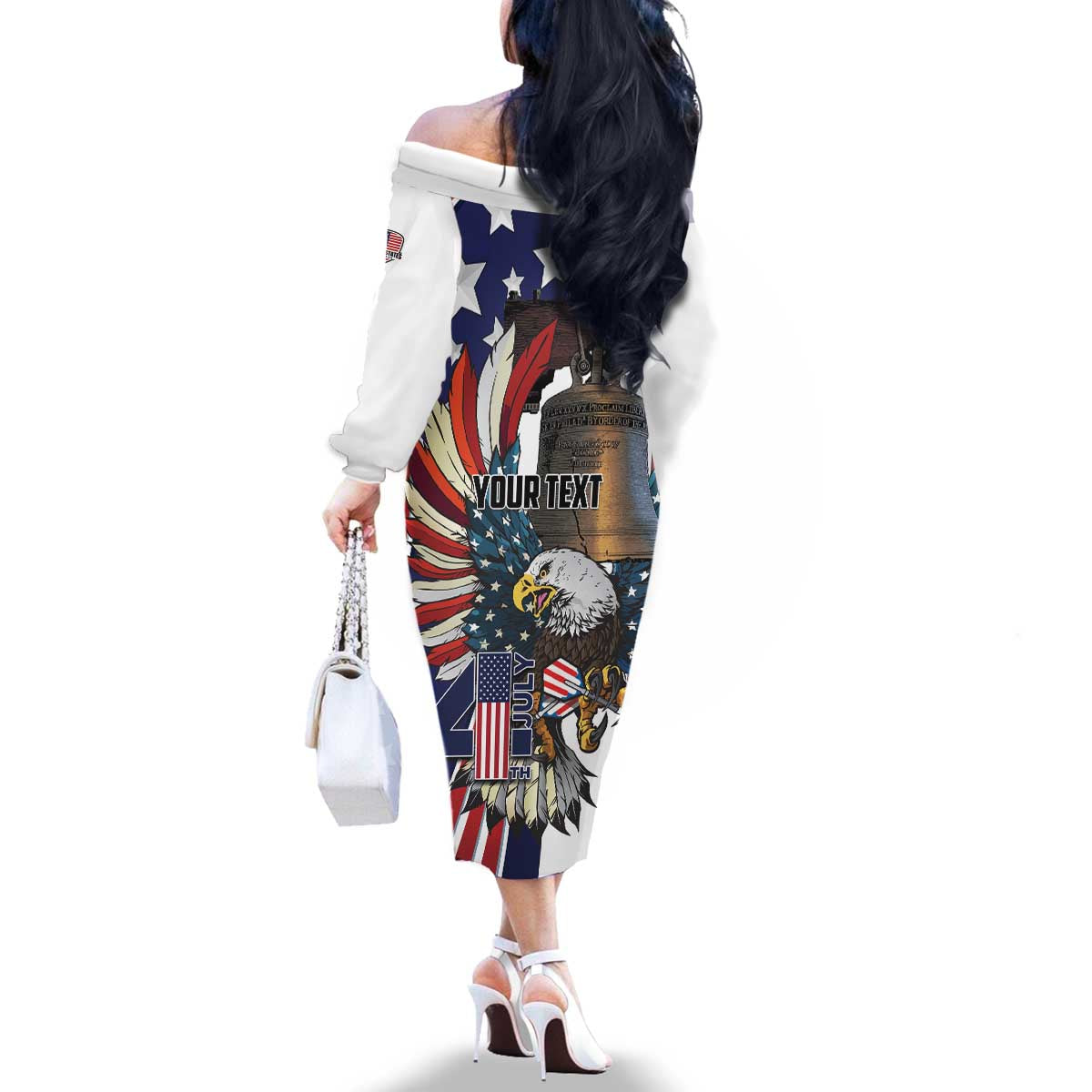 Personalized USA 4th Of July Family Matching Off The Shoulder Long Sleeve Dress and Hawaiian Shirt United State Eagle Liberty Bell