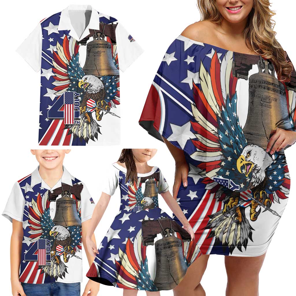 Personalized USA 4th Of July Family Matching Off Shoulder Short Dress and Hawaiian Shirt United State Eagle Liberty Bell