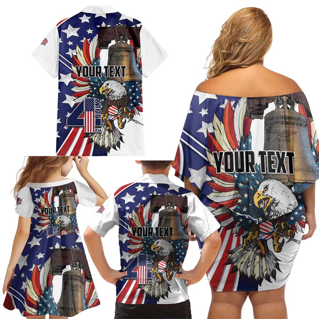 Personalized USA 4th Of July Family Matching Off Shoulder Short Dress and Hawaiian Shirt United State Eagle Liberty Bell