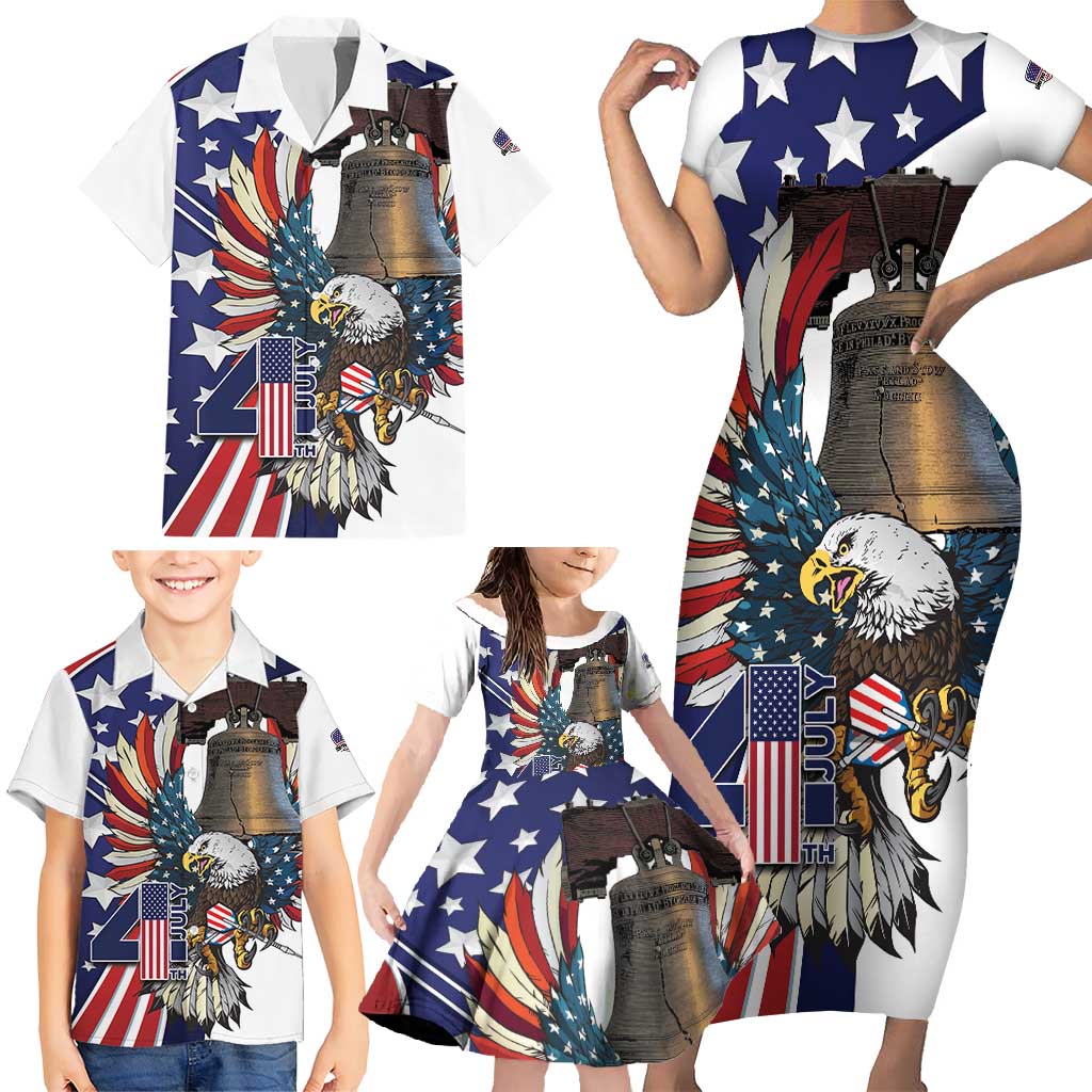 Personalized USA 4th Of July Family Matching Short Sleeve Bodycon Dress and Hawaiian Shirt United State Eagle Liberty Bell