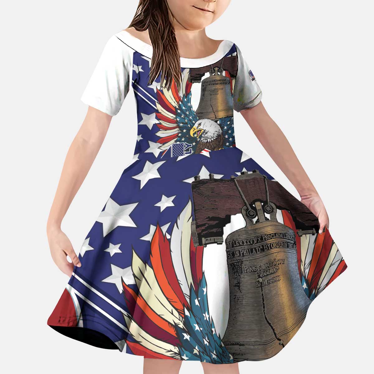 Personalized USA 4th Of July Kid Short Sleeve Dress United State Eagle Liberty Bell