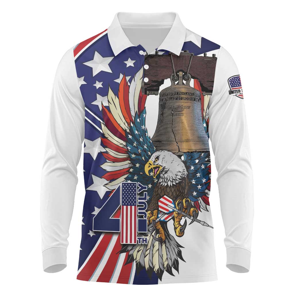 Personalized USA 4th Of July Long Sleeve Polo Shirt United State Eagle Liberty Bell