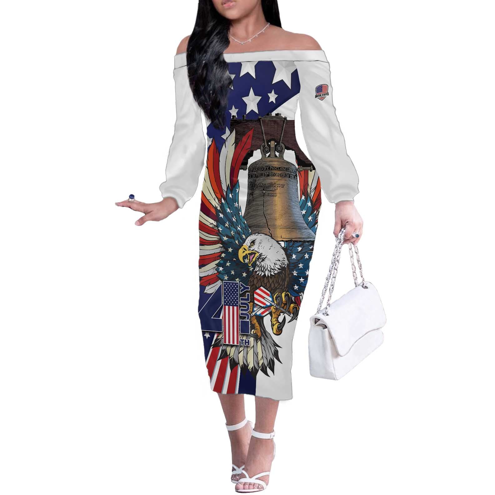 Personalized USA 4th Of July Off The Shoulder Long Sleeve Dress United State Eagle Liberty Bell