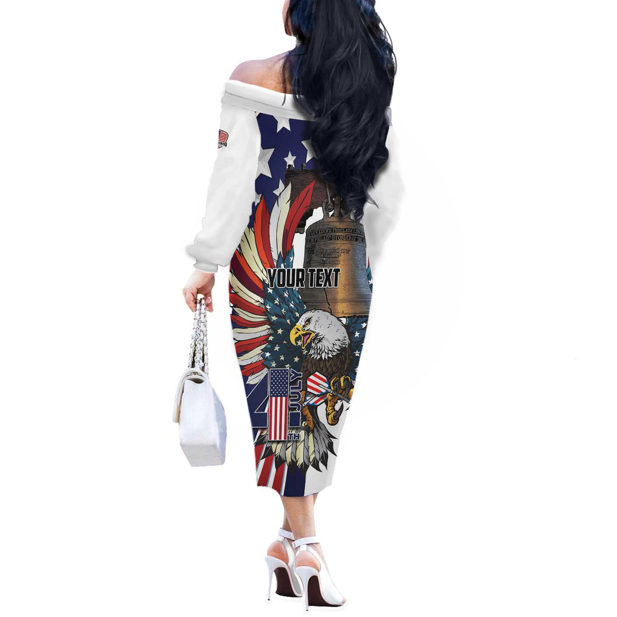 Personalized USA 4th Of July Off The Shoulder Long Sleeve Dress United State Eagle Liberty Bell