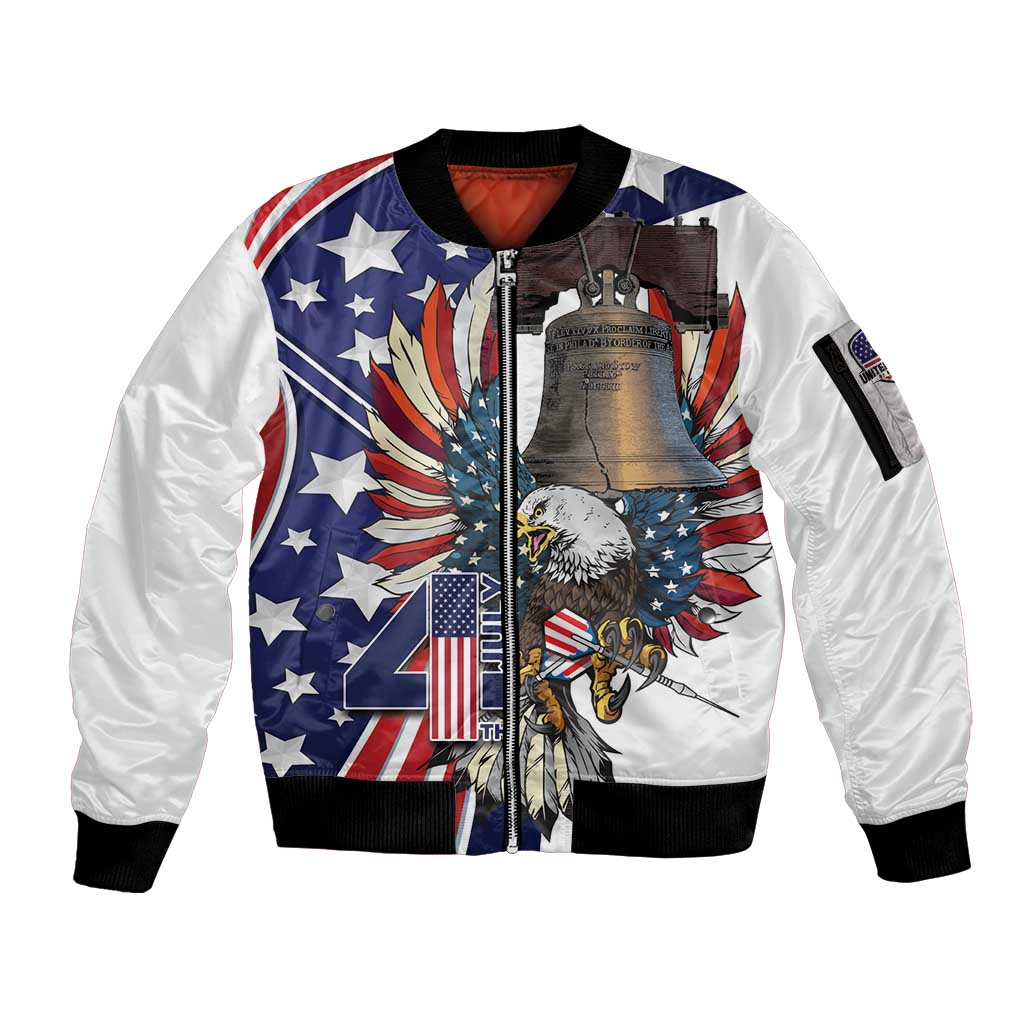 Personalized USA 4th Of July Sleeve Zip Bomber Jacket United State Eagle Liberty Bell
