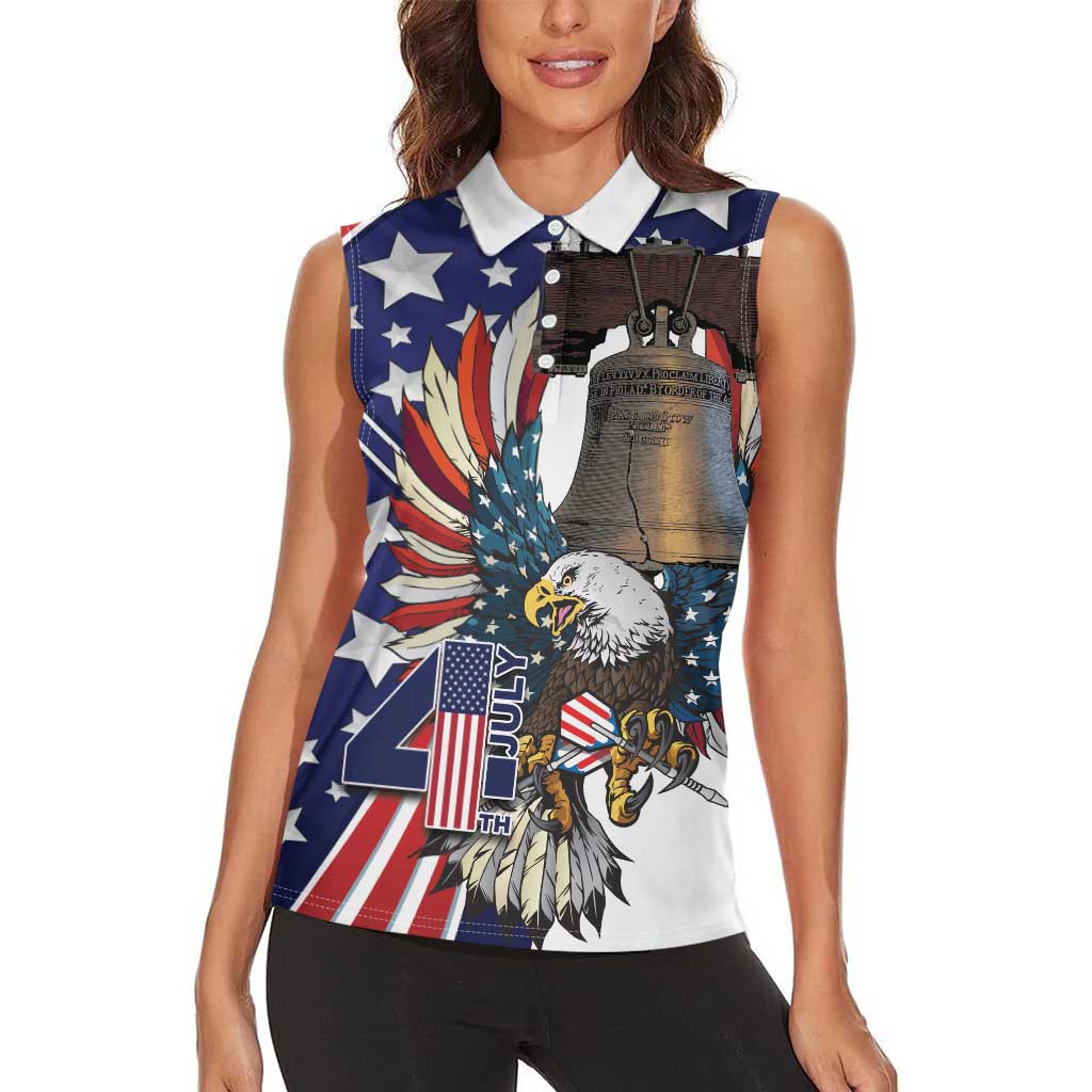 Personalized USA 4th Of July Women Sleeveless Polo Shirt United State Eagle Liberty Bell